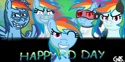 Size: 500x247 | Tagged: safe, artist:mudkip91/tetrahedron, derpibooru import, rainbow dash, fanfic:rainbow factory, friendship is magic, .mov, clothes, cute, dash-e, dashabetes, elements of insanity, evil grin, fanfic art, grin, lab coat, liquid rainbow, looking at you, middle feather, middle finger, pony.mov, rainbine, rainbow dash day, rainbow factory dash, rainbow swag, sad smile, shrunken pupils, smiling, spectra, staring into your soul, swag, text, visor, vulgar, wing hands