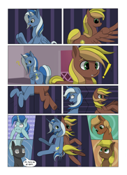 Size: 2904x4000 | Tagged: safe, artist:palibrik, derpibooru import, compass star, evening star, party favor, thunderlane, oc, oc:gusty guide, oc:shocker streak, earth pony, pegasus, pony, unicorn, comic:securing a sentinel, butt, carousel boutique, comic, commissioner:bigonionbean, cutie mark, dialogue, drunk, flank, forced, fusion, fusion:gusty guide, fusion:shocker streak, high res, horn, magic, male, not an alicorn, offscreen character, plot, ponyville, potion, sequence, shocked, shocked expression, stallion, stretching, surprised, tail, wings