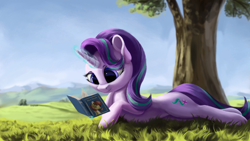 Size: 4000x2250 | Tagged: safe, artist:flusanix, derpibooru import, starlight glimmer, pony, unicorn, book, female, grass, high res, lying down, magic, mare, prone, reading, scenery, solo, telekinesis, tree