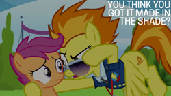 Size: 1280x720 | Tagged: safe, derpibooru import, edit, edited screencap, editor:quoterific, screencap, scootaloo, spitfire, pegasus, pony, season 8, the washouts (episode), spoiler:s08, duo, female, filly, flying, foal, mare, open mouth, sunglasses