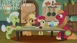 Size: 1280x720 | Tagged: safe, derpibooru import, edit, edited screencap, editor:quoterific, screencap, apple bloom, applejack, big macintosh, granny smith, earth pony, pony, bloom and gloom, season 5, apple, apple bloom's bow, applejack's hat, bow, clothes, cowboy hat, female, filly, foal, food, hair bow, hat, male, mare, open mouth, open smile, pancakes, smiling, stallion