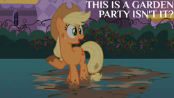 Size: 1280x720 | Tagged: safe, derpibooru import, edit, edited screencap, editor:quoterific, screencap, applejack, earth pony, pony, season 2, sweet and elite, applejack's hat, clothes, cowboy hat, female, hat, literal minded, mare, mud, open mouth, open smile, smiling, solo