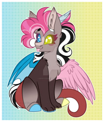 Size: 1280x1513 | Tagged: safe, artist:krypticquartz, derpibooru import, oc, draconequus, interspecies offspring, offspring, parent:discord, parent:pinkie pie, parents:discopie, solo