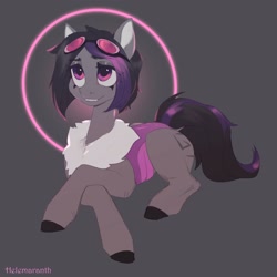 Size: 3000x3000 | Tagged: safe, artist:helemaranth, derpibooru import, oc, oc only, oc:mimicry, changeling, changeling oc, goggles, purple changeling, solo