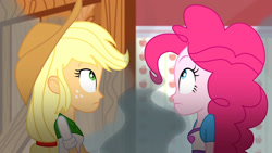 Size: 3410x1920 | Tagged: safe, derpibooru import, screencap, applejack, pinkie pie, epic fails (equestria girls), eqg summertime shorts, equestria girls, applejack's hat, clothes, cowboy hat, duo, duo female, female, hat, high res, looking up, smoke