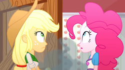 Size: 3410x1920 | Tagged: safe, derpibooru import, screencap, applejack, pinkie pie, epic fails (equestria girls), eqg summertime shorts, equestria girls, applejack's hat, clothes, cowboy hat, duo, duo female, female, hat, high res, looking up, open mouth, smoke