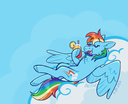Size: 1181x962 | Tagged: safe, artist:beyhr, derpibooru import, rainbow dash, pegasus, pony, armpits, chest fluff, cloud, drink, on a cloud, one eye closed, open mouth, relaxing, solo