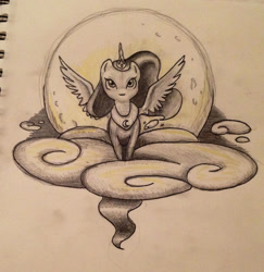 Size: 1455x1499 | Tagged: safe, artist:razledazle, derpibooru import, princess luna, alicorn, pony, cloud, female, full moon, mare, moon, on a cloud, peytral, solo, spread wings, traditional art, wings