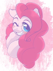 Size: 1343x1817 | Tagged: safe, artist:kurogewapony, derpibooru import, pinkie pie, earth pony, pony, abstract background, blushing, cute, diapinkes, female, grin, happy, looking at you, mare, one eye closed, smiling, smiling at you, solo, wink, winking at you