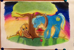 Size: 1213x824 | Tagged: safe, artist:razledazle, derpibooru import, applejack, big macintosh, earth pony, pony, apple, duo, female, food, male, mare, outdoors, stallion, traditional art, tree, yoke