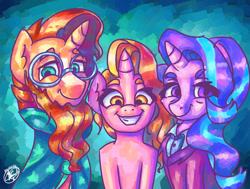 Size: 900x682 | Tagged: safe, artist:mannybcadavera, derpibooru import, luster dawn, starlight glimmer, sunburst, pony, unicorn, abstract background, beard, facial hair, family, female, grin, headmare starlight, looking at you, luster dawn is starlight's and sunburst's daughter, male, mare, shipping, smiling, smiling at you, stallion, starburst, straight, sunburst the bearded