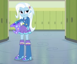 Size: 1800x1507 | Tagged: safe, derpibooru import, trixie, human, equestria girls, cropped, female, hat, lockers, trixie's hat