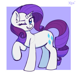 Size: 1500x1500 | Tagged: safe, artist:koa, derpibooru import, rarity, pony, unicorn, abstract background, blue eyes, ear fluff, ears, februpony, female, grin, hooves, horn, looking at you, mare, one eye closed, raised hoof, raised leg, signature, smiling, smiling at you, solo, standing, tail, wink, winking at you