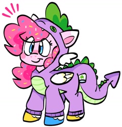 Size: 1404x1464 | Tagged: safe, artist:raystarkitty, derpibooru import, pinkie pie, spike, earth pony, pony, clothes, costume, cute, emanata, februpony, female, kigurumi, mare, simple background, smiling, solo, spike costume, spike suit, white background