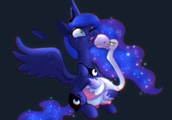 Size: 2048x1431 | Tagged: safe, artist:carouselunique, derpibooru import, princess luna, alicorn, bird, goose, pony, blushing, crown, ethereal mane, feather, female, jewelry, mare, one eye closed, regalia, solo, starry mane, starry tail, tail