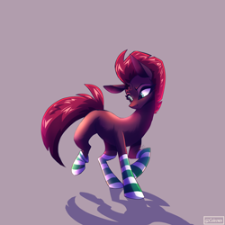 Size: 2300x2300 | Tagged: safe, artist:celes-969, derpibooru import, tempest shadow, pony, unicorn, bipedal, broken horn, clothes, female, frown, gray background, high res, horn, looking down, mare, pink background, shadow, signature, simple background, socks, solo, striped socks