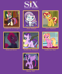 Size: 772x918 | Tagged: safe, artist:kitty-mcgeeky97, derpibooru import, edit, edited screencap, editor:jdueler11, screencap, applejack, luster dawn, moondancer, potion nova, starlight glimmer, sunset shimmer, tempest shadow, twilight sparkle, twilight sparkle (alicorn), alicorn, pony, unicorn, equestria girls, equestria girls series, forgotten friendship, g4, horse play, my little pony: pony life, my little pony: the movie, pony surfin' safari, the last problem, the point of no return, twilight's kingdom, anna of cleves, anne boleyn, broken horn, catherine of aragon, catherine parr, clothes, cropped, female, glasses, henry viii, horn, jane seymour, katherine howard, mare, scar, six the musical, sparkle six, sweater, template