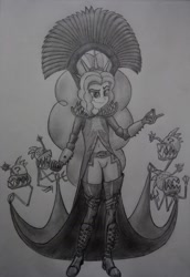 Size: 983x1426 | Tagged: artist needed, safe, derpibooru import, adagio dazzle, equestria girls, clothes, cosplay, costume, crossover, female, megamind, monochrome, traditional art