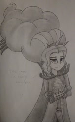 Size: 853x1396 | Tagged: artist needed, safe, derpibooru import, adagio dazzle, equestria girls, clothes, cosplay, costume, crossover, female, megamind, monochrome, traditional art