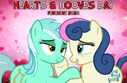 Size: 2064x1353 | Tagged: safe, artist:charity-rose, artist:not-yet-a-brony, derpibooru import, bon bon, lyra heartstrings, sweetie drops, earth pony, unicorn, 2022, best friends, duo, february, female, gazing, hearts and hooves day, holiday, if i ain't got you, lesbian, lidded eyes, looking at each other, looking at someone, lyrabon, lyrics in the description, mare, married couple, shipping, smiling, smiling at each other, song in the description, song reference, text, valentine's day, youtube link in the description