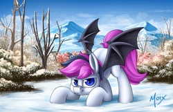 Size: 5100x3300 | Tagged: safe, artist:supermoix, derpibooru import, oc, oc only, bat pony, pony, bat pony oc, commission, crouching, cute, forest, forest background, high res, looking at you, male, mountain, scenery, sky, smiling, snow, solo, stallion