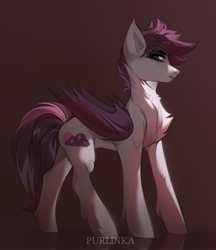 Size: 2810x3257 | Tagged: safe, artist:purlin-ka, derpibooru import, oc, oc only, oc:mythic horizon, bat pony, pony, bat pony oc, bat wings, chest fluff, folded wings, full body, gradient background, high res, hooves, looking back, male, shading, signature, solo, stallion, standing, wings