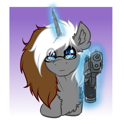 Size: 4000x4000 | Tagged: safe, artist:witchtaunter, derpibooru import, oc, pony, unicorn, aiming, bust, chest fluff, commission, ear fluff, ears, glasses, gradient background, gun, magic, male, portrait, shoulder fluff, solo, telekinesis, weapon