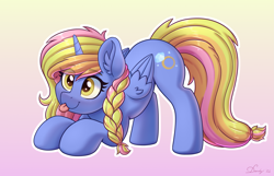 Size: 3859x2480 | Tagged: safe, alternate version, artist:dandy, derpibooru import, oc, oc only, oc:platinum band, alicorn, pony, :3, ;p, alicorn oc, alternate character, braid, commission, cute, ear fluff, ears, eye clipping through hair, female, gradient background, high res, horn, mare, mlem, silly, solo, tongue, tongue out, white outline, wings, ych result