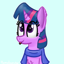 Size: 2200x2200 | Tagged: safe, artist:llamalauncher, derpibooru import, twilight sparkle, blue background, bust, chest fluff, clothes, scarf, simple background, solo, tongue, tongue out