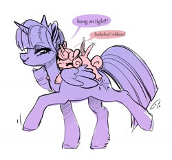 Size: 1626x1513 | Tagged: safe, artist:opalacorn, derpibooru import, princess flurry heart, twilight sparkle, twilight sparkle (alicorn), alicorn, pony, aunt and niece, auntie twilight, baby, baby pony, best aunt ever, crown, cute, dialogue, duo, female, filly, foal, jewelry, limited palette, mare, piggyback ride, ponies riding ponies, regalia, simple background, twilight is bae, white background