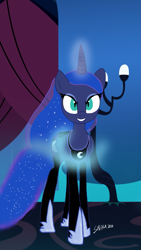 Size: 1349x2400 | Tagged: safe, alternate version, artist:sarahthefox97, derpibooru import, nightmare moon, princess luna, alicorn, pony, female, glowing, glowing horn, horn, nightmare luna, solo, transformation