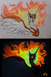 Size: 2000x2971 | Tagged: safe, artist:brisineo, derpibooru import, daybreaker, alicorn, armor, comparison, fangs, glow in the dark, glowing, glowing eyes, looking at you, mane of fire, open mouth, painting, slit eyes, smiling, solo, traditional art