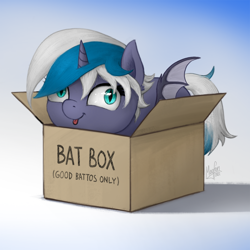 Size: 1300x1300 | Tagged: safe, alternate version, artist:magfen, derpibooru import, oc, oc only, oc:elizabat stormfeather, alicorn, bat pony, bat pony alicorn, pony, :p, alicorn oc, alternate character, bat pony oc, bat wings, box, cardboard box, commission, cute, female, horn, mare, pony in a box, solo, tongue, tongue out, wings, ych result