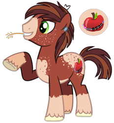 Size: 994x1072 | Tagged: safe, artist:venomtwt-artistowo, derpibooru import, oc, oc only, earth pony, pony, base used, coat markings, ear piercing, earring, earth pony oc, freckles, grin, jewelry, magical gay spawn, male, offspring, parent:big macintosh, parent:trouble shoes, parents:troublemac, piercing, simple background, smiling, socks (coat marking), solo, stallion, straw in mouth, transparent background, unshorn fetlocks