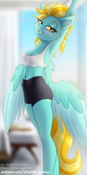 Size: 500x1000 | Tagged: safe, artist:shad0w-galaxy, derpibooru import, lightning dust, anthro, pegasus, armpits, belly button, blushing, breasts, butt, cheek fluff, clothes, female, mare, patreon, small breasts, smiling, solo, stretching, wings