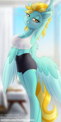 Size: 500x1000 | Tagged: safe, alternate version, artist:shad0w-galaxy, derpibooru import, lightning dust, anthro, pegasus, armpits, belly button, big breasts, blushing, breasts, busty lightning dust, butt, cheek fluff, clothes, female, mare, patreon, smiling, solo, stretching, wings