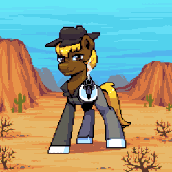 Size: 720x720 | Tagged: safe, artist:hikkage, oc, oc only, oc:acres, earth pony, pony, animated, blonde, blonde mane, blonde tail, brown coat, cactus, clothes, coat markings, cowboy hat, desert, earth pony oc, gun, handgun, looking at you, male, revolver, smiling, smiling at you, smoke, socks (coat marking), solo, stallion, tumbleweed, underhoof, weapon