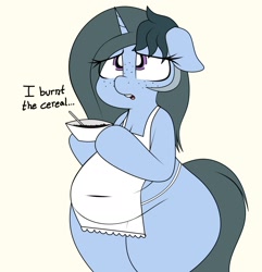 Size: 1816x1880 | Tagged: safe, artist:blitzyflair, derpibooru import, oc, oc only, oc:blitzy flair, pony, unicorn, apron, belly button, bipedal, bowl, burned, cereal, chubby, clothes, dialogue, ears, female, floppy ears, food, freckles, holding, looking up, mare, open mouth, plump, solo, wide hips