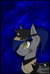 Size: 1773x2592 | Tagged: safe, artist:syntiset, derpibooru import, oc, oc only, bat pony, pony, fallout equestria, bat pony oc, bat wings, cap, clothes, drawn on phone, ear fluff, ears, enclave, eyepatch, female, fluffy, folded wings, glowing, glowing eyes, grand pegasus enclave, hat, mare, outfit, ponytail, scar, soldier, soldier pony, solo, wings