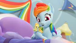 Size: 3840x2160 | Tagged: safe, artist:xppp1n, derpibooru import, rainbow dash, spitfire, pegasus, pony, 3d, bed, bedroom, blender, blender cycles, clothes, female, figurine, looking down, lying down, mare, open mouth, pillow, playing with toys, prone, rainbow dash's house, smiling, spread wings, toy, uniform, unshorn fetlocks, wings, wonderbolt trainee uniform