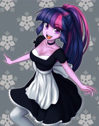 Size: 3218x4096 | Tagged: safe, artist:rileyav, derpibooru import, twilight sparkle, equestria girls, breasts, cleavage, clothes, dress, headlight sparkle, looking at you, maid, maidlight sparkle, open mouth, open smile, ponytail, smiling, smiling at you, socks, stockings, thigh highs