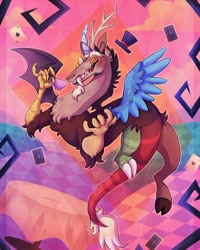 Size: 1080x1351 | Tagged: safe, artist:maxime_owo, derpibooru import, discord, draconequus, abstract background, antlers, chaos, cup, digital art, discorded landscape, drawing, fangs, hat, looking at you, monocle, monocle and top hat, playing card, red eyes, solo, teacup, top hat