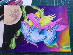 Size: 2134x1600 | Tagged: safe, derpibooru import, angel bunny, fluttershy, pegasus, pony, rabbit, animal, clothes, duo, full moon, kimono (clothing), moon, traditional art