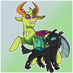 Size: 3000x3000 | Tagged: safe, artist:wulfums, derpibooru import, thorax, changedling, changeling, before and after, duality, februpony, green background, king thorax, self paradox, self ponidox, simple background, solo, time paradox