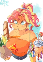 Size: 700x1000 | Tagged: source needed, safe, artist:sozglitch, derpibooru import, sunset shimmer, equestria girls, bags, baguette, big breasts, bread, breasts, candies, candy, chips, clothes, drink, eating, food, groceries, lollipop, open mouth, potato chips, soda, studded belt, sunset jiggler, sweat, tied hair, tube top