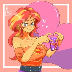 Size: 1000x1000 | Tagged: source needed, safe, artist:sozglitch, derpibooru import, sunset shimmer, equestria girls, breasts, cleavage, clothes, gift wrapped, heart, heart hands, heart sign, looking at you, smiling, smiling at you, studded belt, sunset jiggler, tongue, tongue out