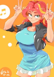 Size: 700x1000 | Tagged: source needed, safe, artist:sozglitch, derpibooru import, sunset shimmer, human, bolero jacket, clothes, double peace sign, dress, female, humanized, looking at you, music notes, peace sign, smiling, smiling at you, smirk