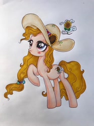 Size: 1600x2138 | Tagged: artist needed, safe, derpibooru import, oc, oc:sunflower, earth pony, pony, flower, hat, solo, sunflower, traditional art