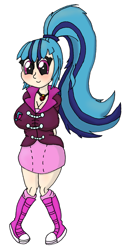 Size: 1435x2791 | Tagged: safe, artist:ewrrfb, derpibooru import, sonata dusk, equestria girls, arm behind back, big breasts, blue hair, breasts, cleavage, clothes, converse, female, gem, human coloration, looking at you, ponytail, shoes, simple background, siren gem, smiling, smiling at you, sneakers, solo, sonata bust, white background, wide hips