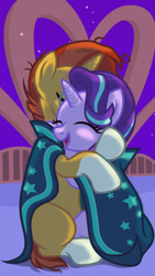 Size: 1242x2208 | Tagged: source needed, safe, artist:dawnflame, derpibooru import, starlight glimmer, sunburst, pony, unicorn, cloak, clothes, female, hug, kissing, male, mare, missing cutie mark, shipping, stallion, starburst, straight, sunburst's cloak